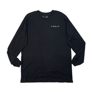 Tesla Shirt Mens L Large Black Cotton Long Sleeve Logo Spell Out Crew Neck Tee